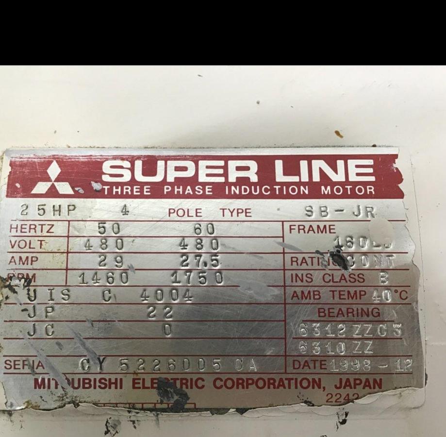 Used MITSUBISHI 25 HP Induction Motor SB-JR 25 HP Used