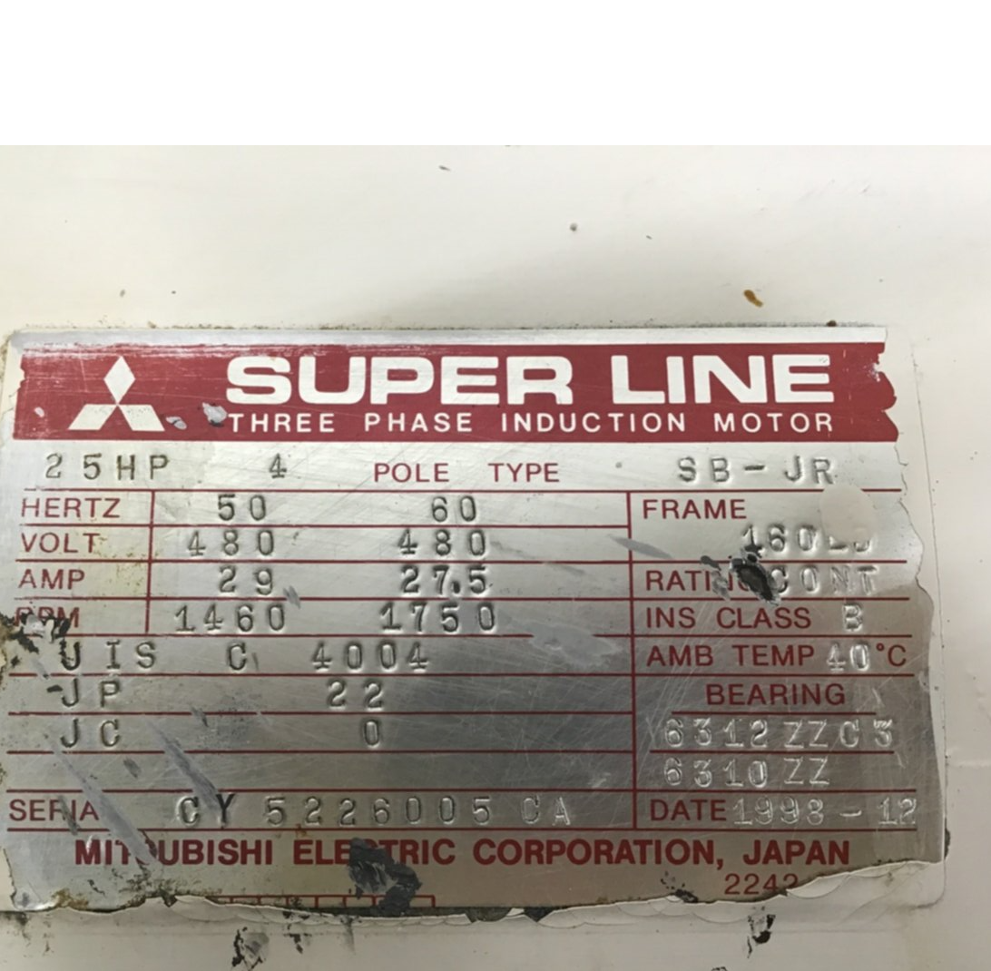 Used MITSUBISHI 25 HP Induction Motor SB-JR 25 HP Used
