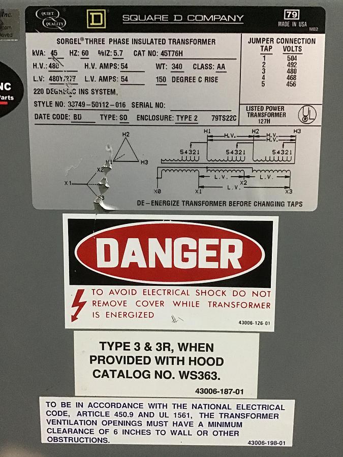Used SQUARE D Transformer 45T76H 45 KVA USED #28922