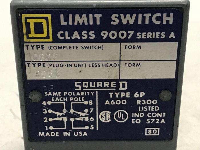 Used SQUARE D Limit Switch 9007-C62F #122105