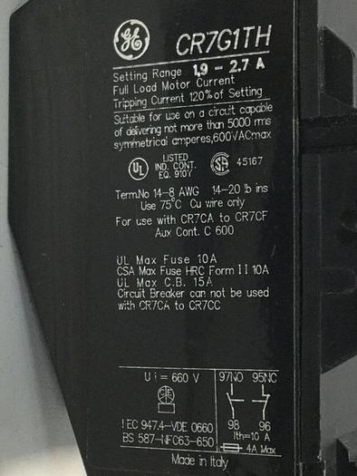 Used GENERAL ELECTRIC Overload Relay CR7G1TH #104029