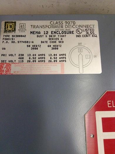 Used SQUARE D 3 kVA Transformer Disconnect 9070-SK3000A2 #67721