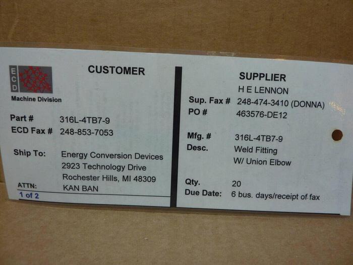 SWAGELOK Butt Weld Union Elbow 316L-4TB7-9 #39269