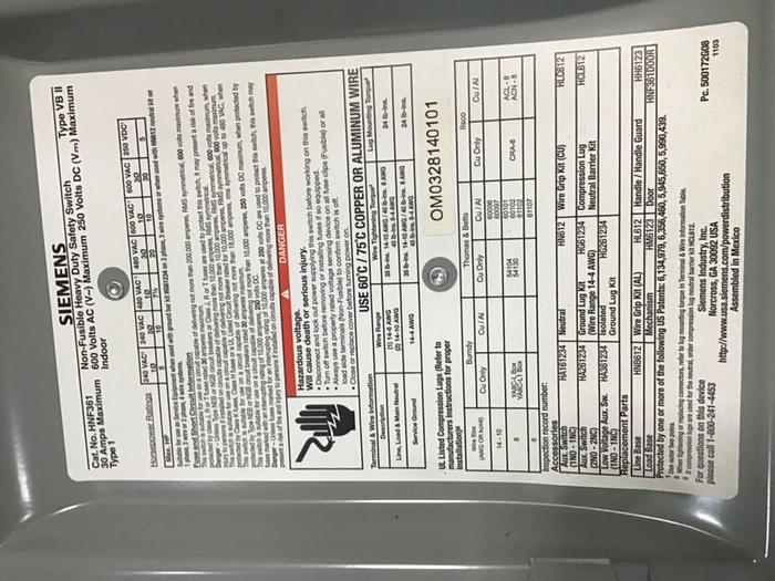 Used SIEMENS 30 Amp Safety Disconnect Switch HNF361 VBII #137843