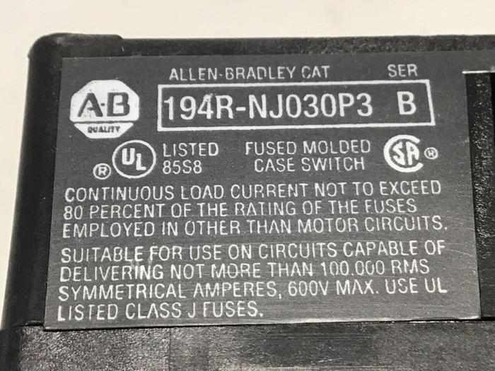 Used ALLEN BRADLEY 30 Amp Disconnect Switch 194R-NJ030P3 SER B #145091