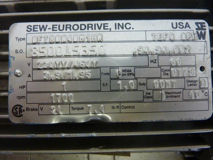 Used SEW EURODRIVE 1 HP Gear Motor DFT80N4BM1HR Used