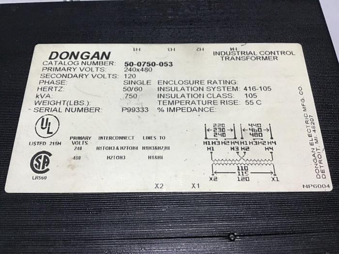 Used DONGAN .750 kVA Industrial Control Transformer 50-0750-053 #140306