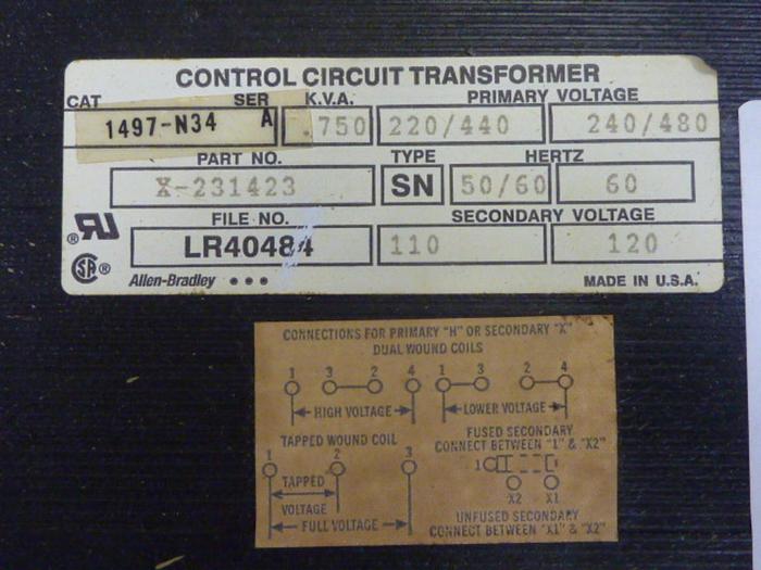 Used ALLEN BRADLEY .750 kVA Transformer 1497-N34 SER A #65429