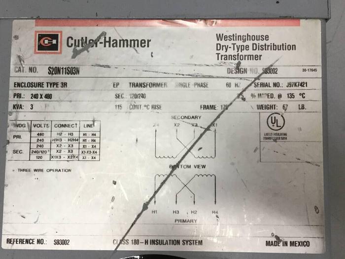 Used CUTLER HAMMER 3 kVA Transformer S20N11S03N #96177