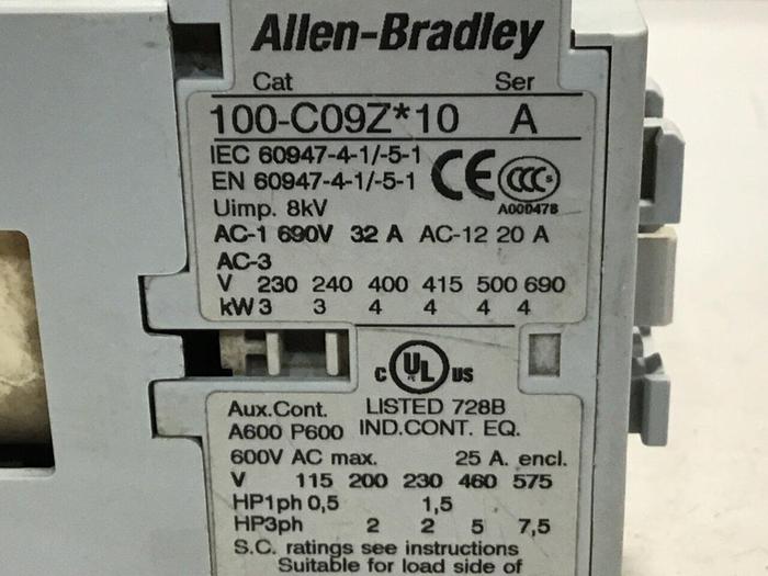 Used ALLEN BRADLEY Contactor Relay 100-C09Z.10 SER A #124135