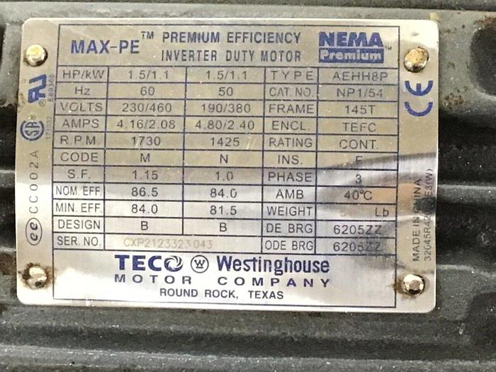 Used TECO WESTINGHOUSE 1.5 HP Inverter Duty Motor AEHH8P USED