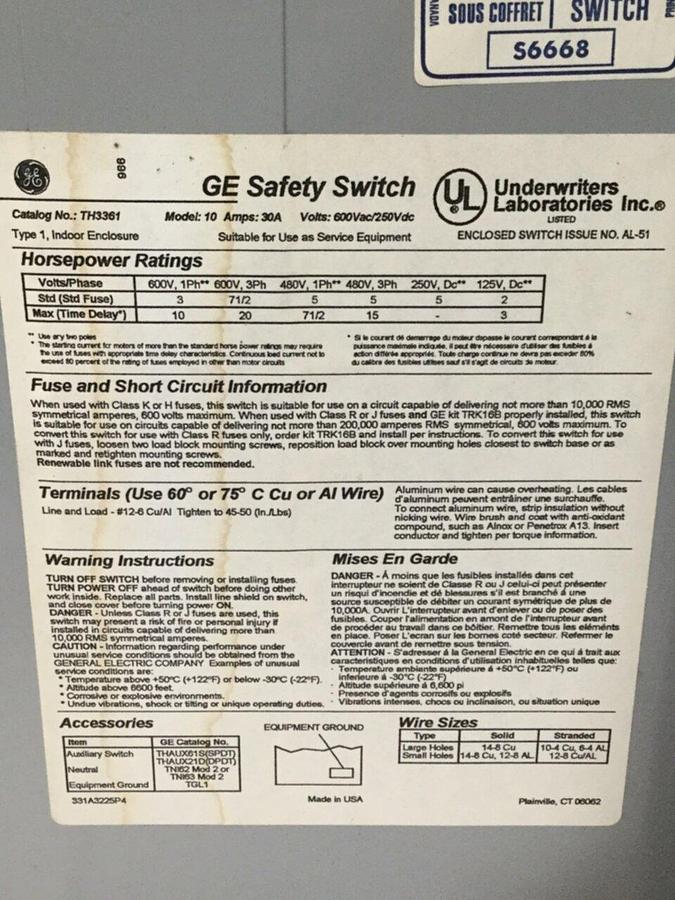 Used GENERAL ELECTRIC / GE 30 Amp Safety Switch TH3361 USED