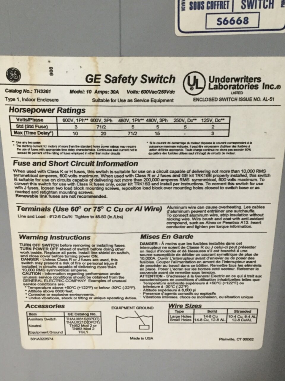 Used GENERAL ELECTRIC / GE 30 Amp Safety Switch TH3361 #107036