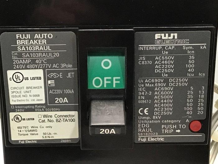 Used FUJI ELECTRIC 20 Amp Circuit Breaker SA103RAUL20 #124172