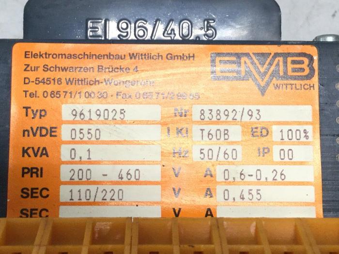 Used EMB WITTLICH KVA 0.1 Transformer 9619025 Used