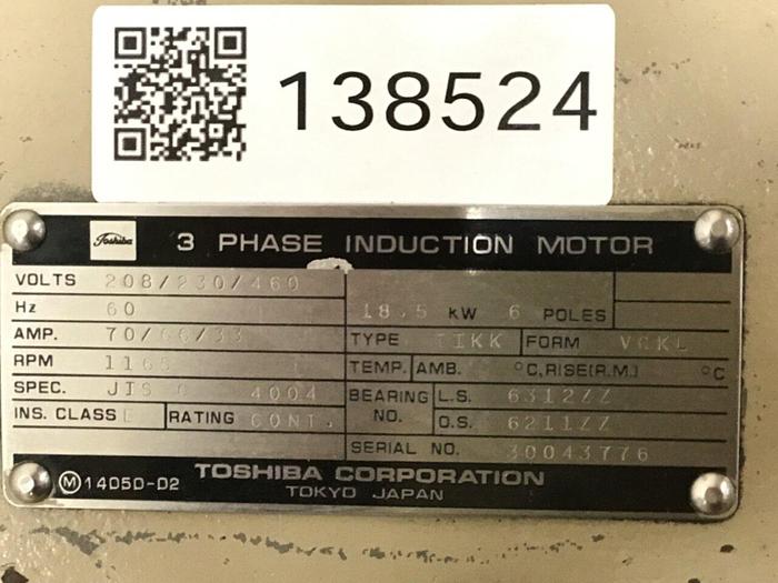 Used TOSHIBA 25 HP Induction Motor JIS C 4004 25 HP Used