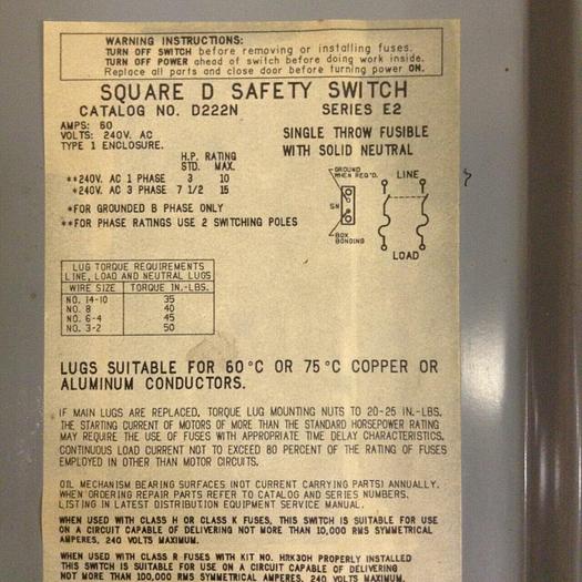 Used SQUARE D Safety Switch D222N #68179