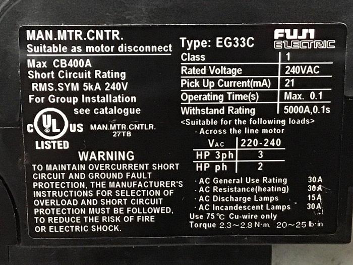 Used FUJI ELECTRIC 30 Amp Circuit Breaker EG33C EB3AEC-030B #125495