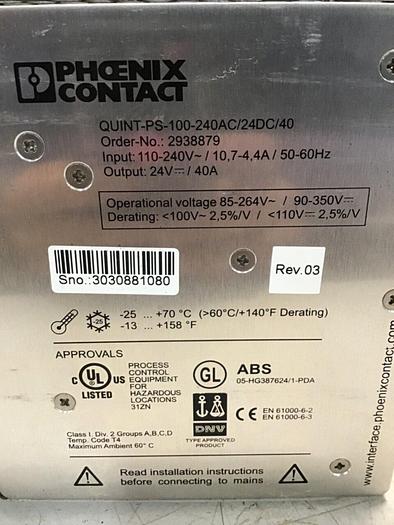 Used PHOENIX CONTACT Power Supply QUINT-PS-100-240AC/24DC/40 Used