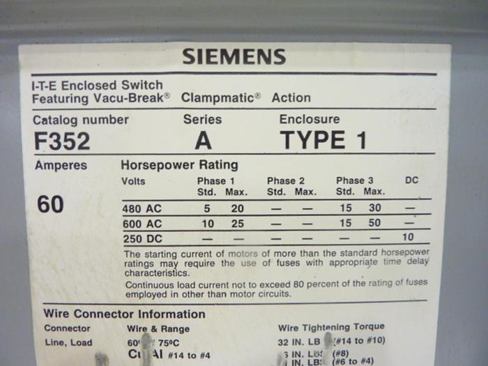 Used SIEMENS 60 Amp Safety Disconnect Switch F352 #42978