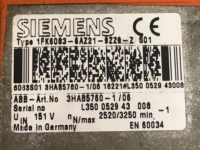 Used SIEMENS Motor 1FK6083-6AZ21-9ZZ9-Z S01 Used #132122