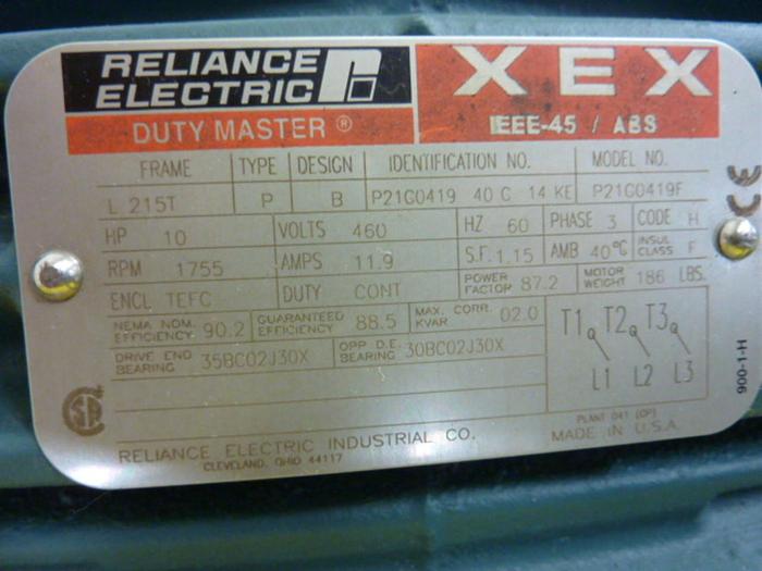Used RELIANCE ELECTRIC 10 HP Motor P21G0419F #62611