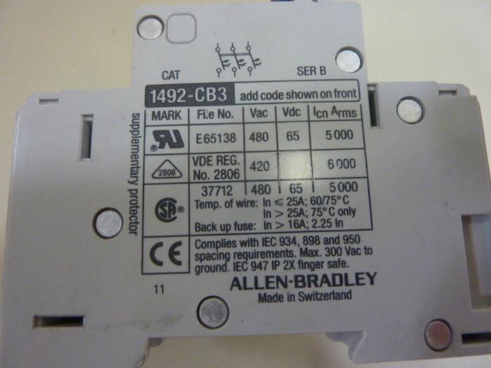 Used ALLEN BRADLEY 4 Amp Circuit Breaker 1492-CB3/H040 SER B #63793