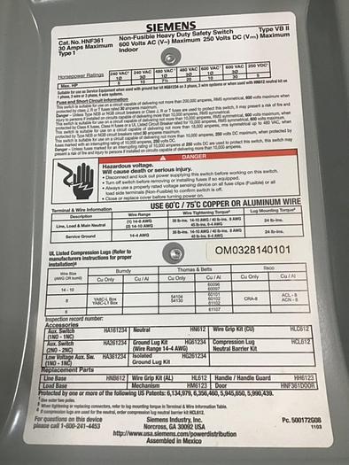 Used SIEMENS 30 Amp Safety Disconnect Switch HNF361 VBII #137844