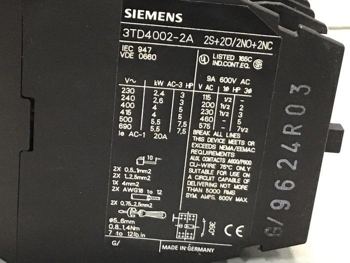 Used SIEMENS Contactor 3TF40 3TD4002-2A #123235