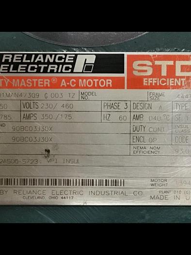 Used RELIANCE ELECTRIC 150 HP Motor 01MAN47309 G003 TZ Used
