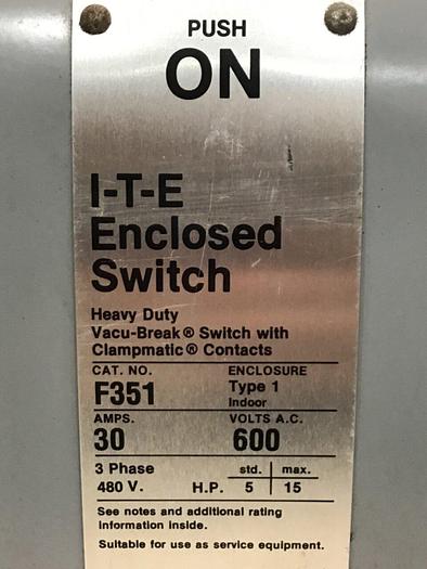 Used SIEMENS 30 Amp ITE Heavy Duty Vacu-Break F-351 #122249