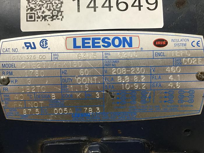 Used LEESON ELECTRIC CO 3 HP Motor C182T17FK13D Used #144649