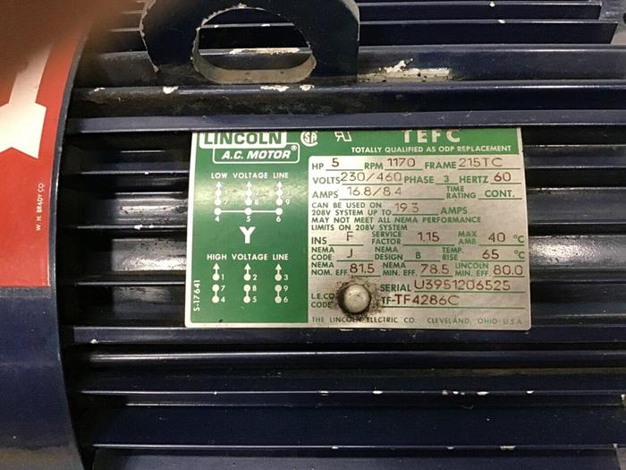 Used LINCOLN ELECTRIC 5 HP AC Motor TF4286C #127665