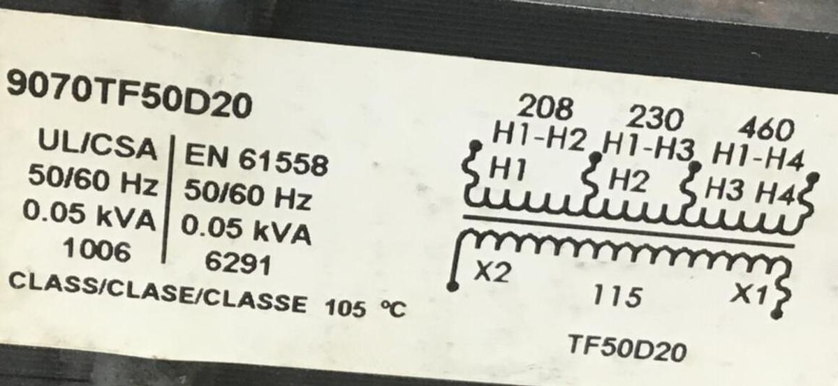 Used SQUARE D 0.05 KVA Transformer 9070-TF50D20 USED