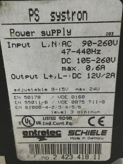 Used SCHIELE Systron 12V/2A Power Supply 2.423.418.11 #101864