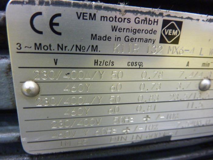 Used VEM 2.4/8 HP Motor K11R 132 MX6-4 L WE #65952