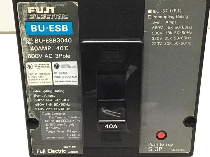 Used FUJI ELECTRIC 40 Amp Circuit Breaker BU-ESB3040 #119575