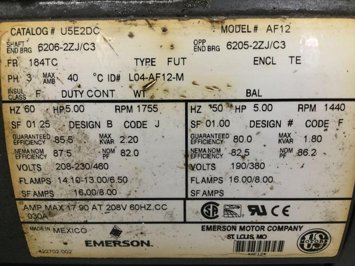 Used EMERSON 5 HP Motor AF12 #104166