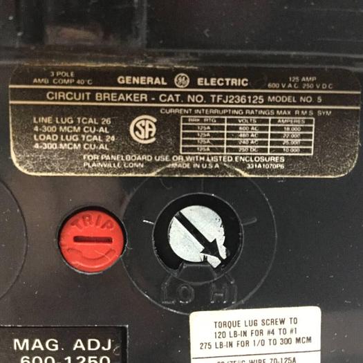 Used GENERAL ELECTRIC / GE 125 Amp Circuit Breaker TFJ236125 Used