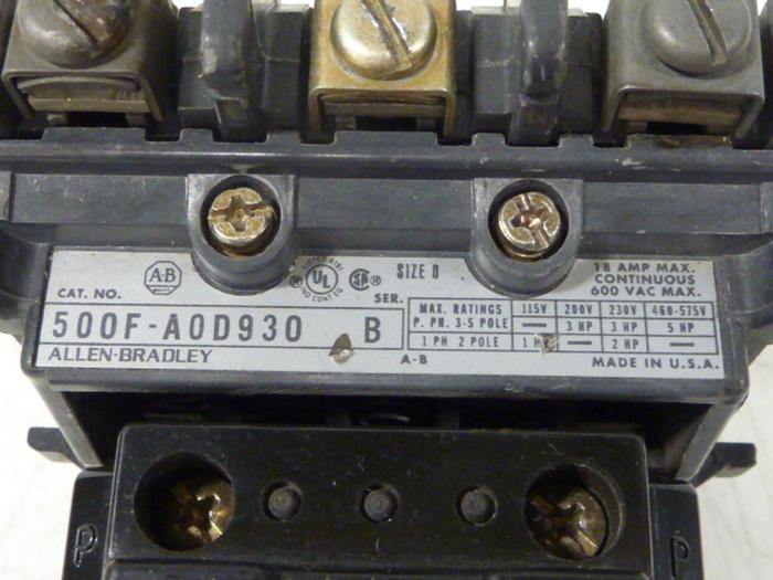 Used ALLEN BRADLEY Contactor 500F-AOD930 SER B #58021