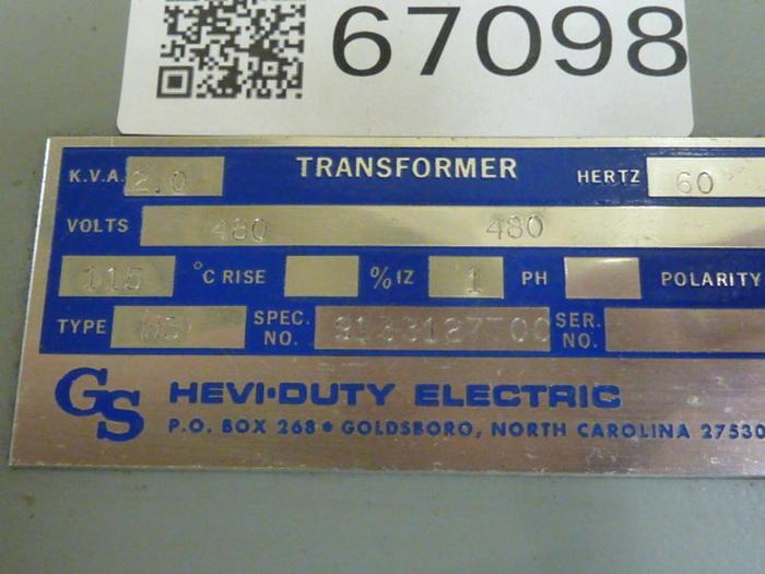 Used HEVI DUTY ELECTRIC 2.0 kVA Transformer HS1 #67098