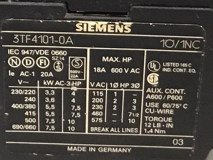 Used SIEMENS Contactor 3TF4101-0A #124003