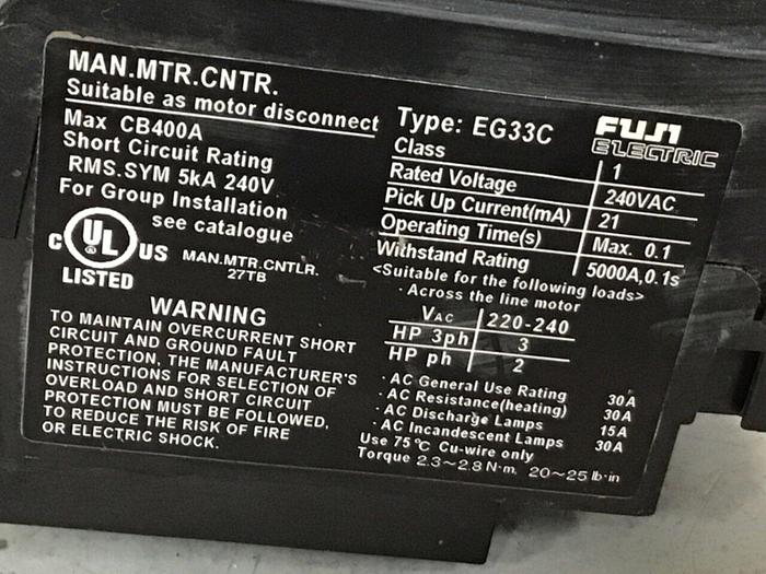 Used FUJI ELECTRIC 30 Amp Circuit Breaker EG33C EB3AEC-030B #125494