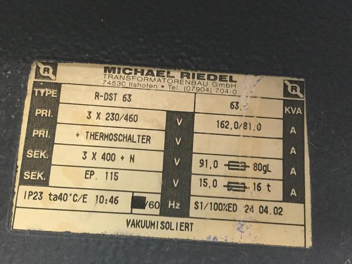 Used MICHAEL RIEDEL 63 KVA Transformer R-DST63 #117560