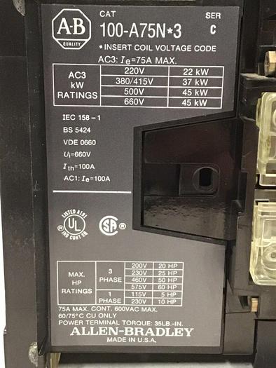 Used ALLEN BRADLEY Contactor 100-A75N.3 SER C USED