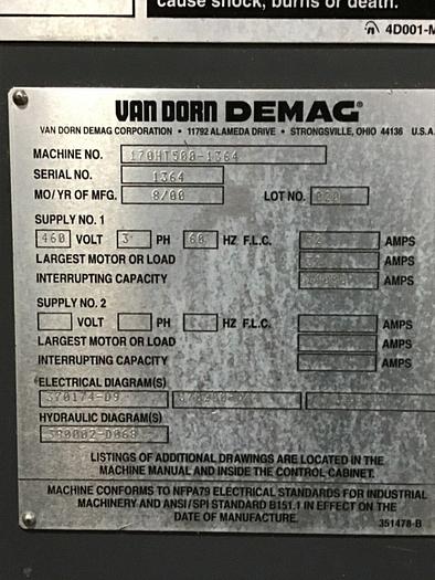 Used VAN DORN DEMAG 170 Ton Injection Mold Machine 170HT500 USED
