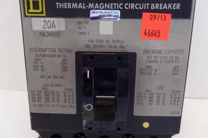 Used SQUARE D 20 Amp Circuit Breaker FAL34020 #46645