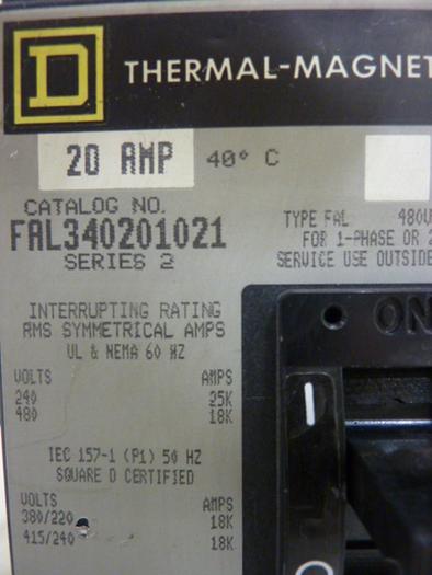 Used SQUARE D 20 Amp Circuit Breaker FAL340201021 #46769