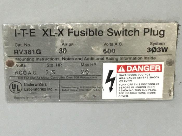 Used ITE SIEMENS 30 Amp Bus Disconnect Switch RV361G #137247