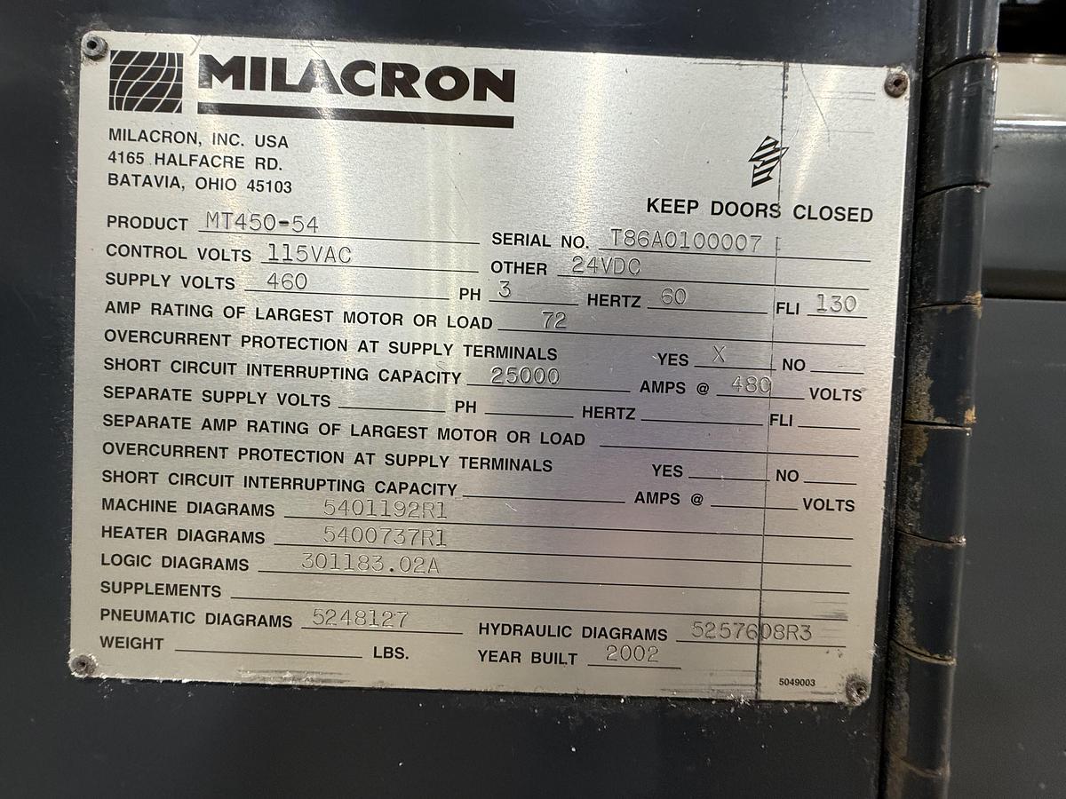 Used 2002 FERROMATIK MILACRON 450 Ton Injection Molding Machine MT450-54 USED #151853